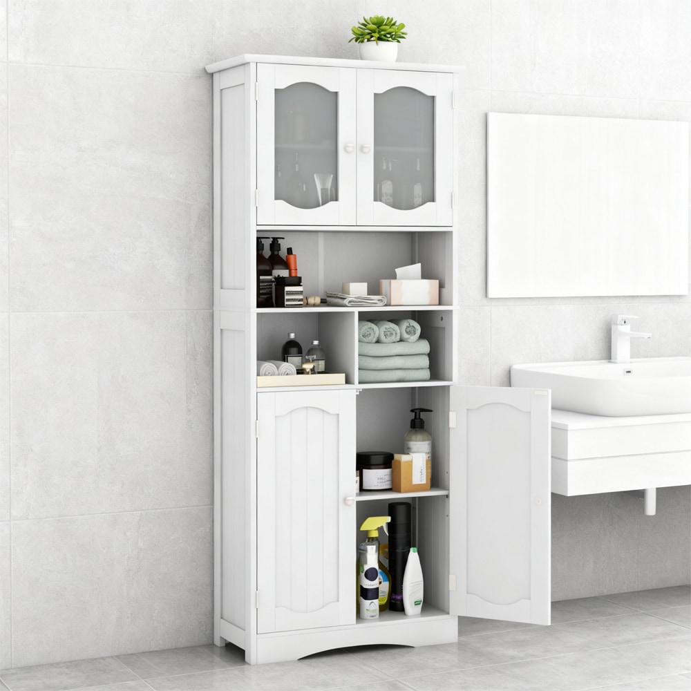 58.5 Inch Freestanding Linen Bathroom Storage Cabinet With Frost Glass Doors_voghion.com